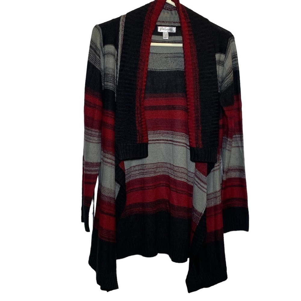 Dressbarn women Large open front shawl collar gray burgundy black knit cardigan